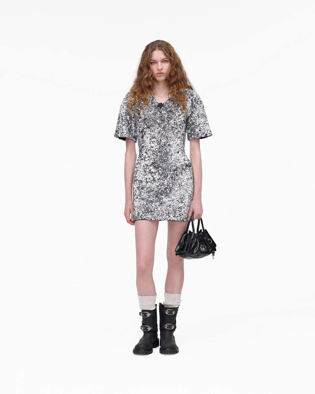 Sequin V-Neck Knit Dress Silver